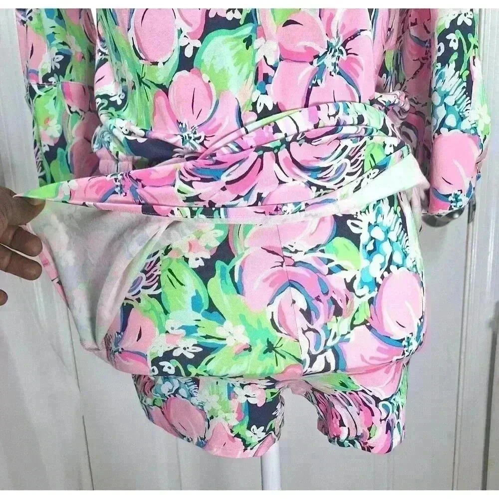 Lilly Pulitzer Donna Romper XXS Pink Green Floral Off Shoulder 3/4 Tie Sleeve - Picture 4 of 9